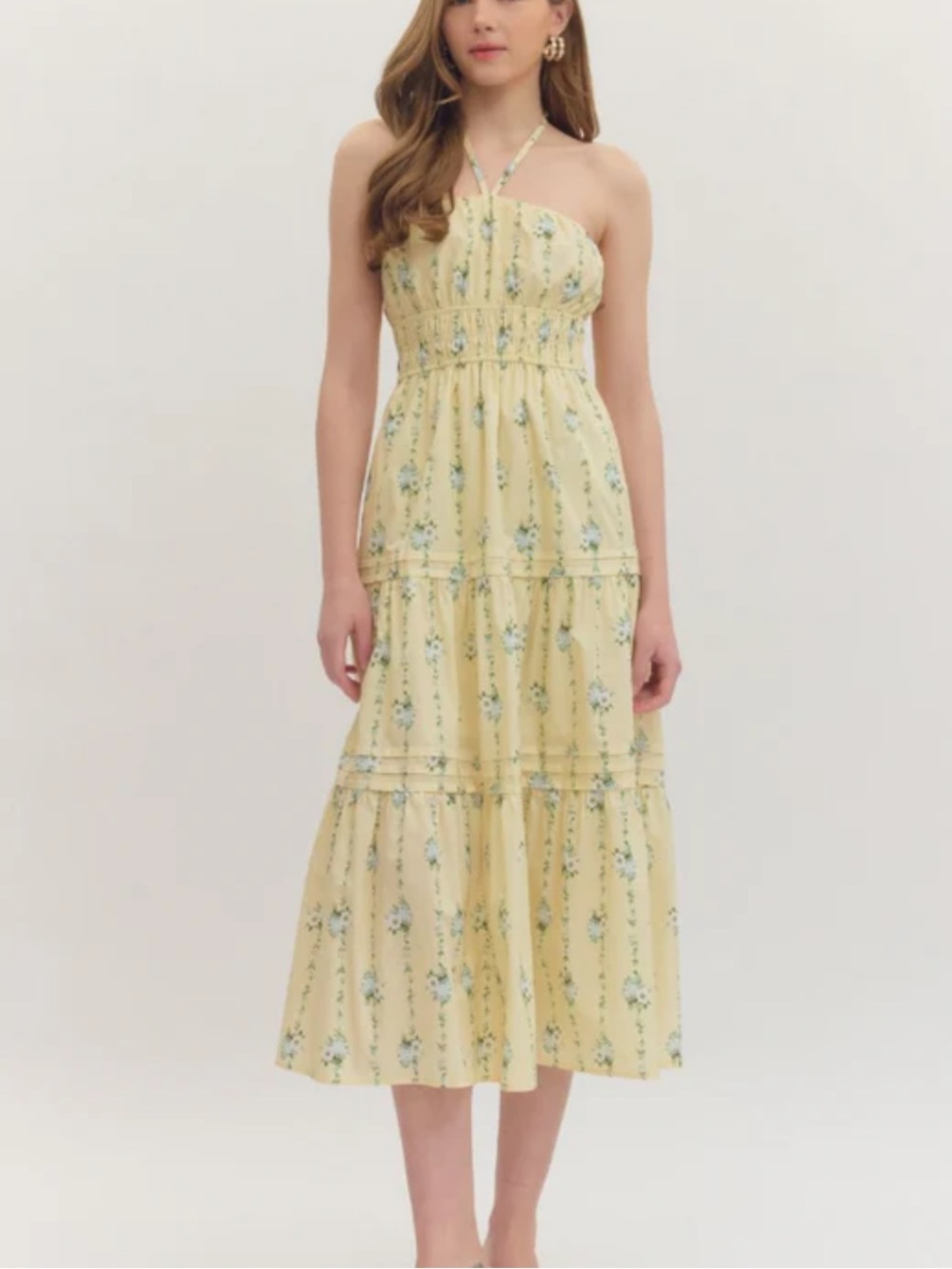 New Butter Yellow Floral Halter Ruffle Tiered Midi Dress